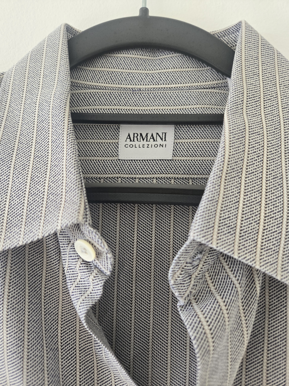 Armani Collezioni Men's Gray and White Striped Button-Down Shirt